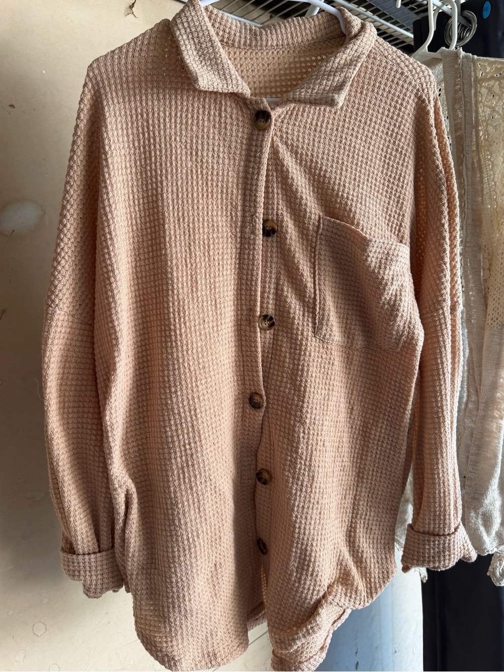 Beige Waffle-Knit Button-Up Jacket